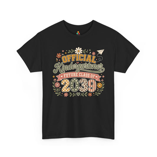 TEEZOCA black Future Class of 2039 shirt laid flat, boho Official Kindergartener lettering with a floral wreath, a keepsake back to school tee.
