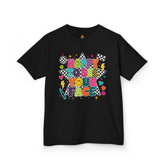TEEZOCA black Happy to See Your Face kids shirt laid flat, bright checkered and dotted lettering with cheerful faces, a cute back to school tee.
