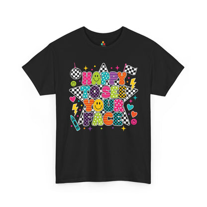 TEEZOCA black Happy to See Your Face shirt laid flat, bright checkered and dotted lettering with cheerful faces, a cute teacher back to school tee.
