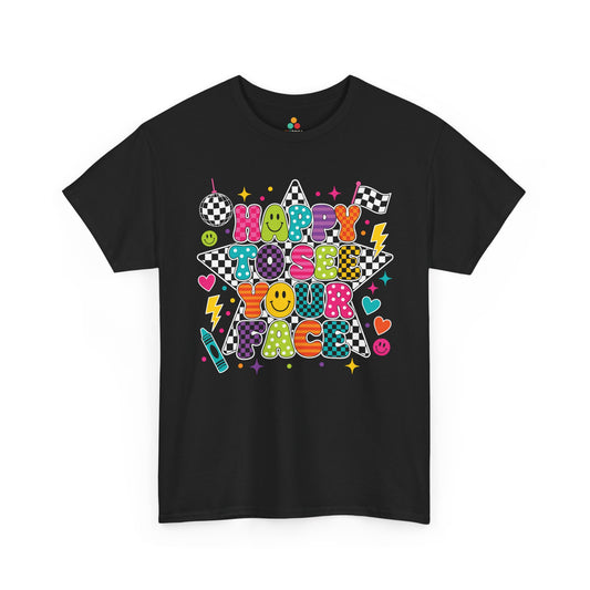 TEEZOCA black Happy to See Your Face shirt laid flat, bright checkered and dotted lettering with cheerful faces, a cute teacher back to school tee.

