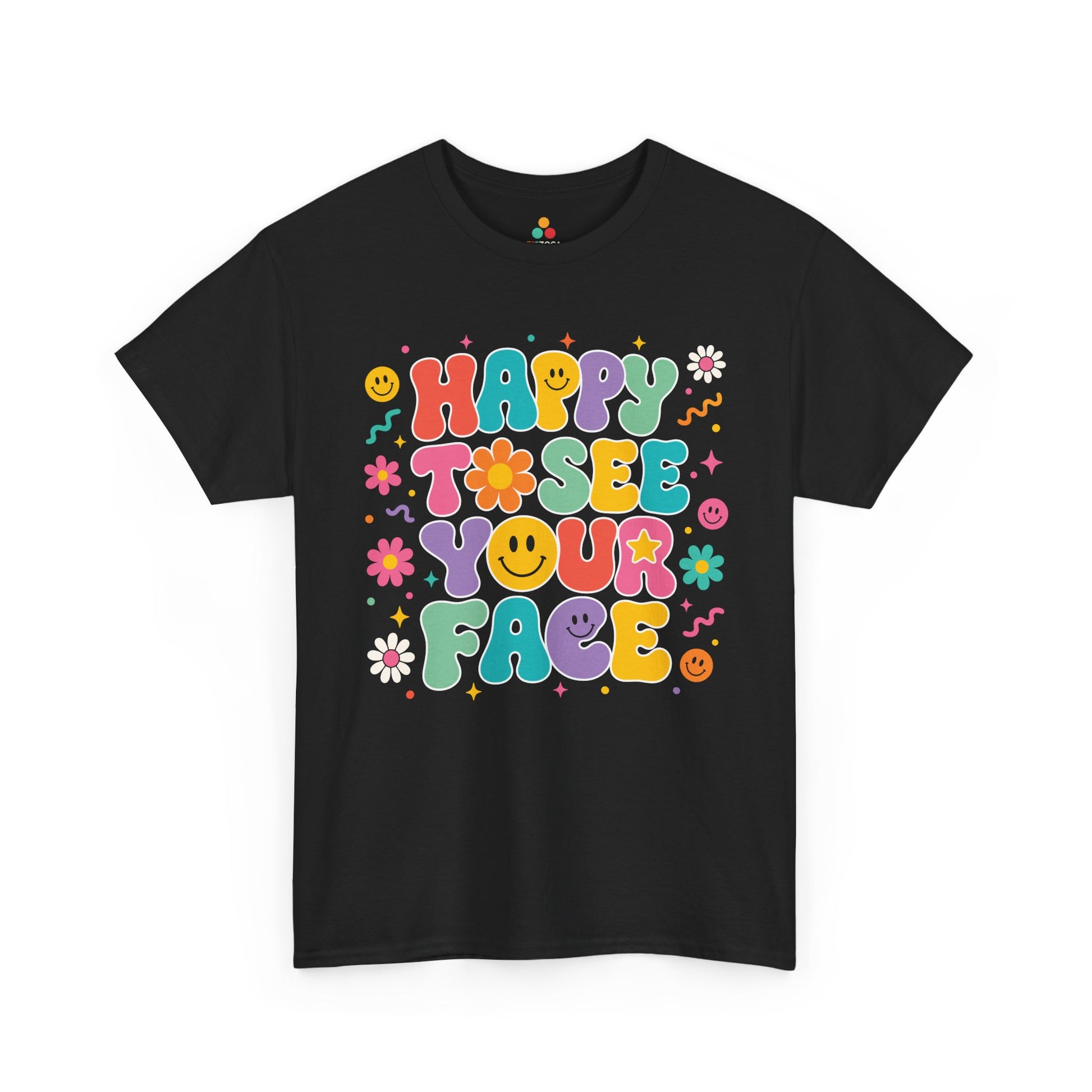 TEEZOCA black Happy to See Your Face shirt laid flat, groovy retro bubble lettering with cheerful faces and daisies, a cute teacher back to school tee.
