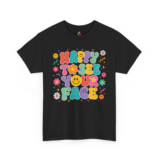 TEEZOCA black Happy to See Your Face shirt laid flat, groovy retro bubble lettering with cheerful faces and daisies, a cute teacher back to school tee.

