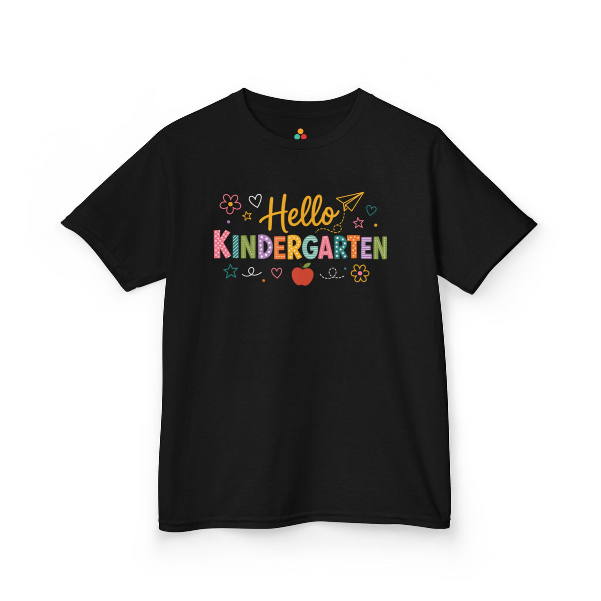 TEEZOCA black Hello Kindergarten kids shirt laid flat, colorful lettering with an apple and daisies, a first day of kindergarten tee.
