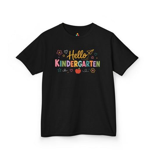 TEEZOCA black Hello Kindergarten kids shirt laid flat, colorful lettering with an apple and daisies, a first day of kindergarten tee.
