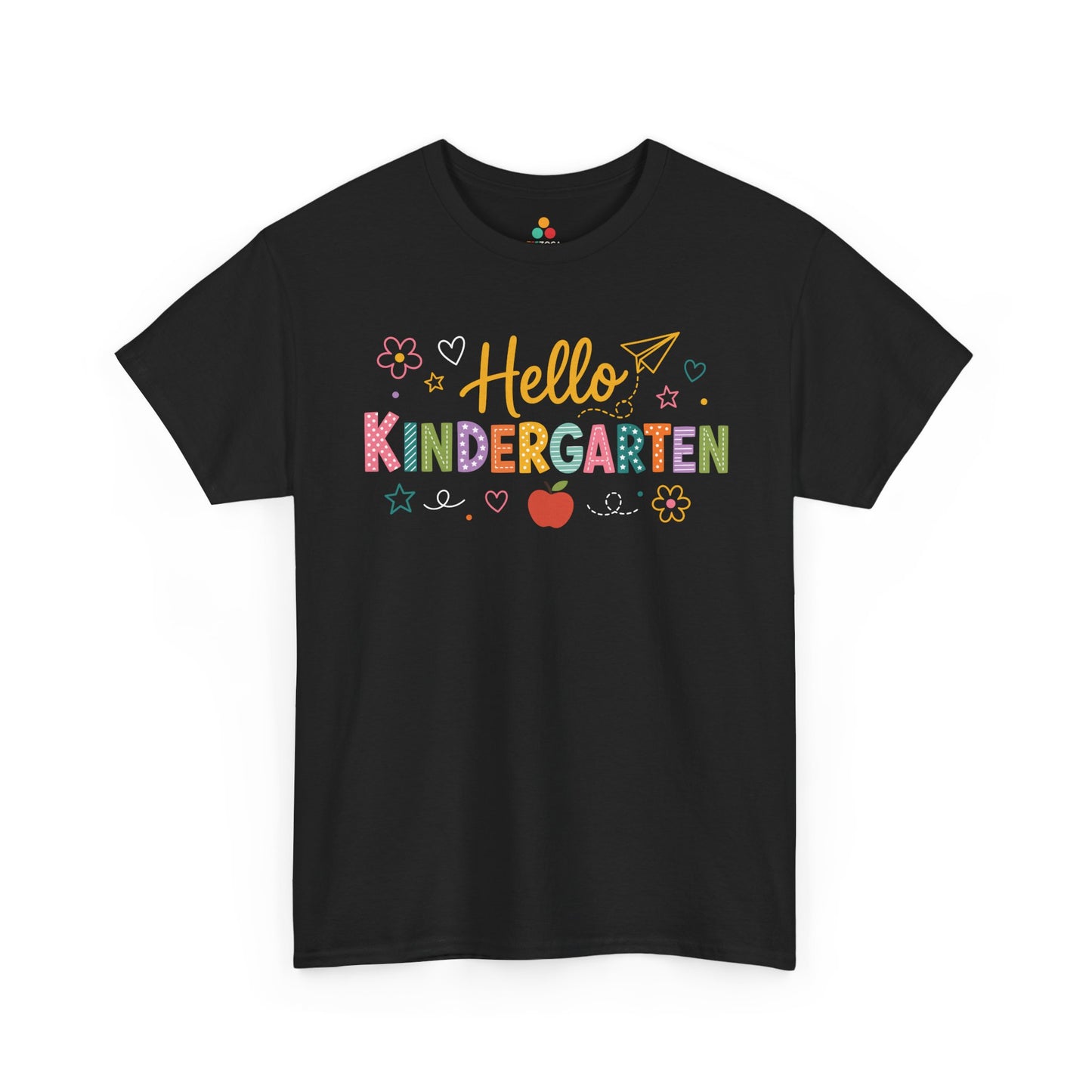 TEEZOCA black Hello Kindergarten shirt laid flat, colorful lettering with an apple and daisies, a cute back to school tee.
