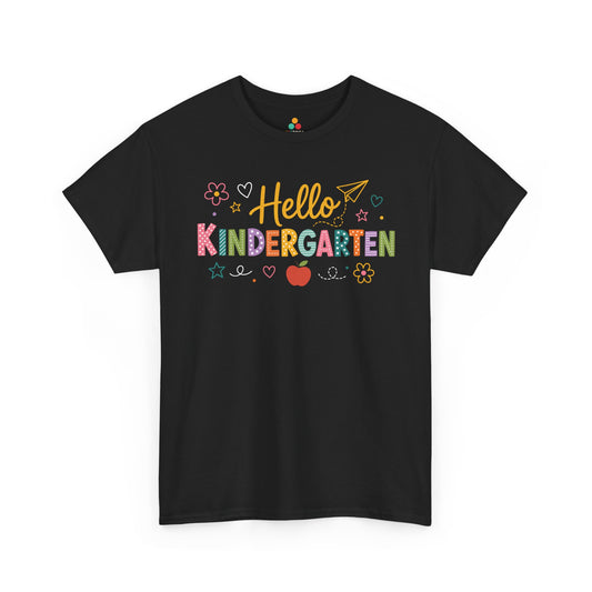 TEEZOCA black Hello Kindergarten shirt laid flat, colorful lettering with an apple and daisies, a cute back to school tee.
