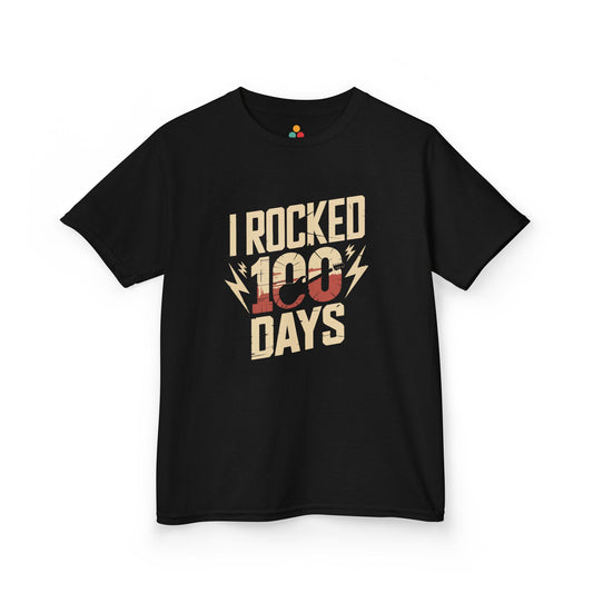 TEEZOCA black “I Rocked 100 Days” graphic T‑shirt shown flat. Fun 100 days of school tee for kids 