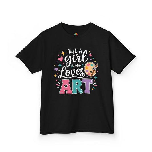 TEEZOCA black Just a Girl Who Loves Art kids shirt laid flat, pastel lettering with a paint palette and brush, a cute girls art tee.
