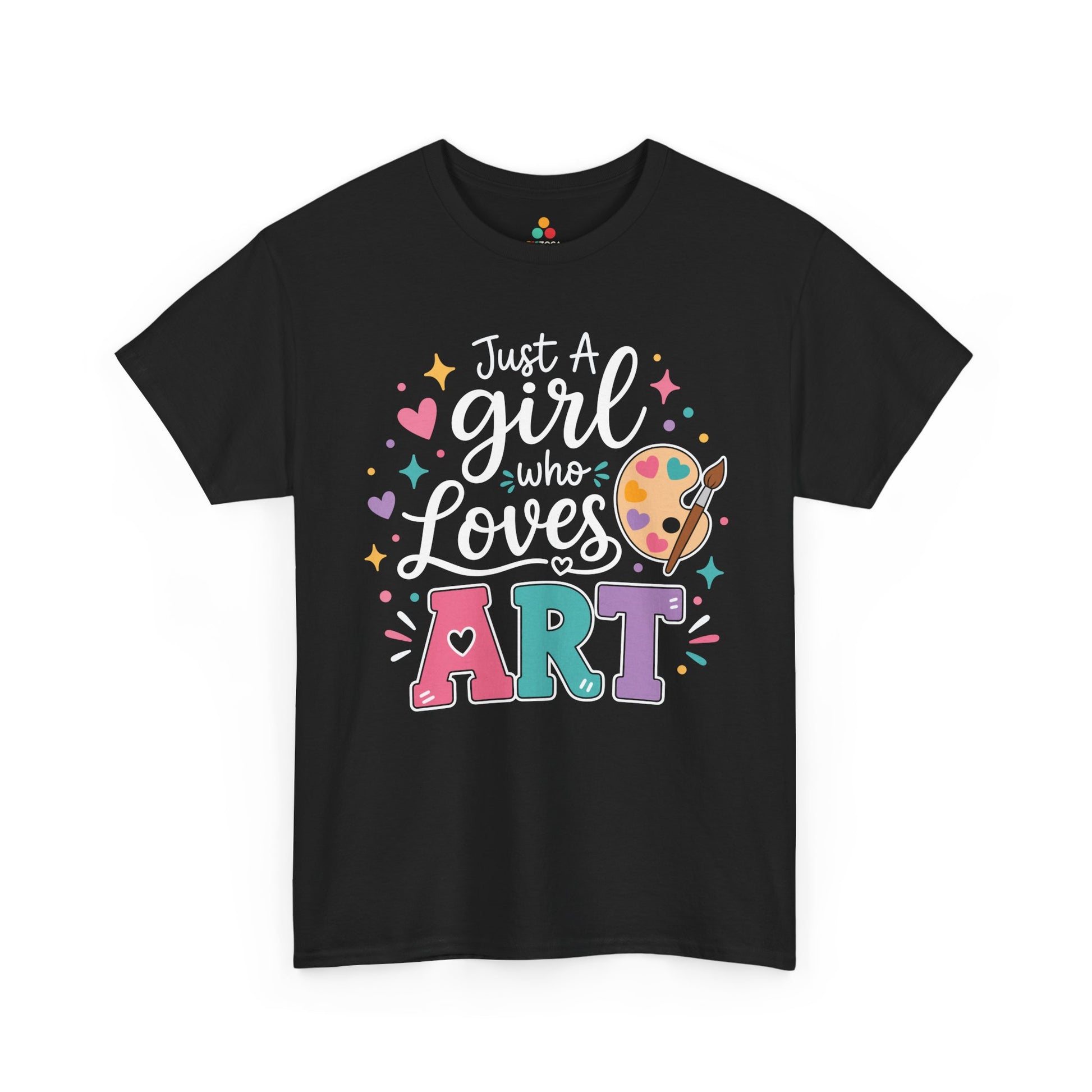 TEEZOCA black Just a Girl Who Loves Art shirt laid flat, pastel lettering with a paint palette and brush, a cute art teacher tee.
