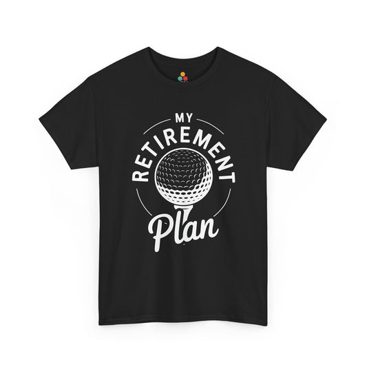 TEEZOCA black My Retirement Plan golf ball graphic T-shirt shown flat.