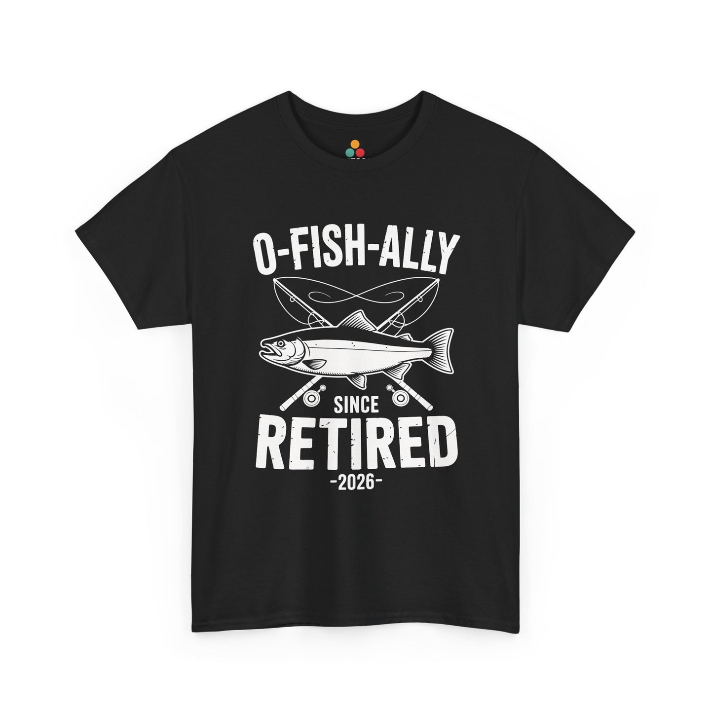 TEEZOCA black O-Fish-ally Retired Since 2026 fishing graphic T-shirt shown flat.