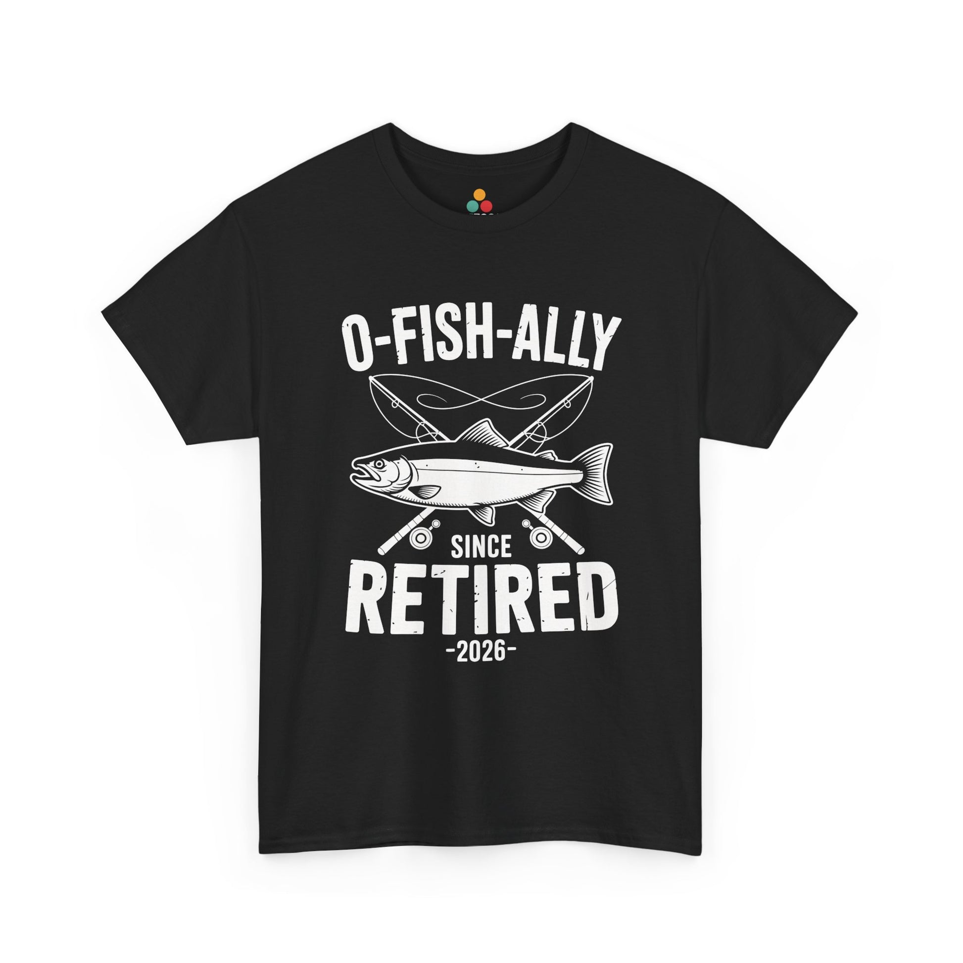 TEEZOCA black O-Fish-ally Retired Since 2026 fishing graphic T-shirt shown flat.