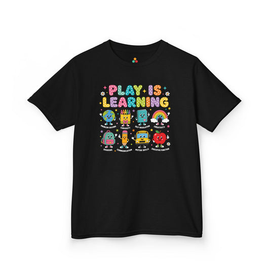 TEEZOCA black Play Is Learning kids shirt laid flat, bright lettering with friendly school-supply characters, a cute back to school tee.
