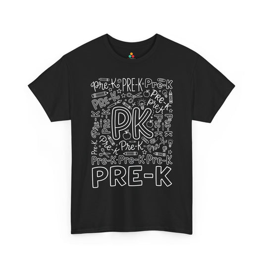 TEEZOCA black Pre-K teacher shirt laid flat, bold typography word art with pencil, apple, and crayon doodles, a cute back to school tee.
