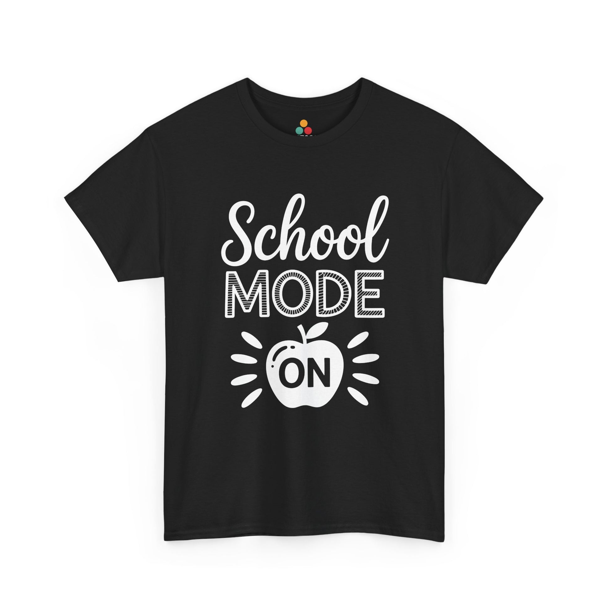 TEEZOCA black “School Mode On” graphic T-shirt shown flat.