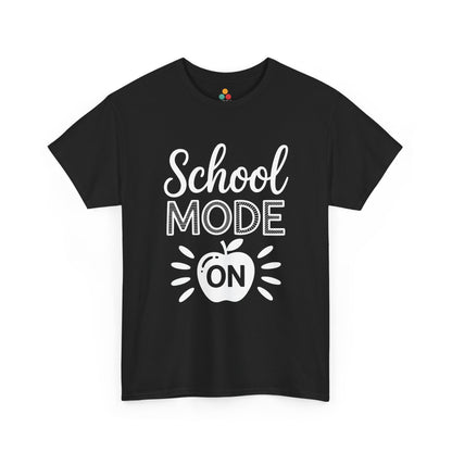 TEEZOCA black “School Mode On” graphic T-shirt shown flat.