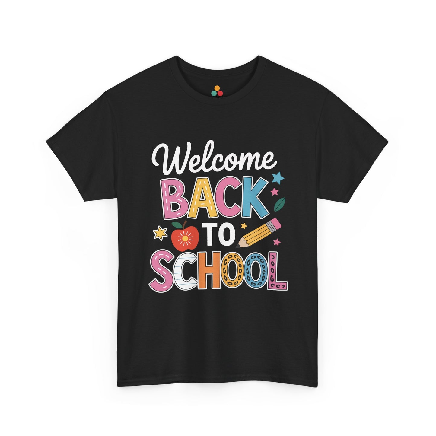 TEEZOCA black “Welcome Back To School” colorful graphic T-shirt shown flat.