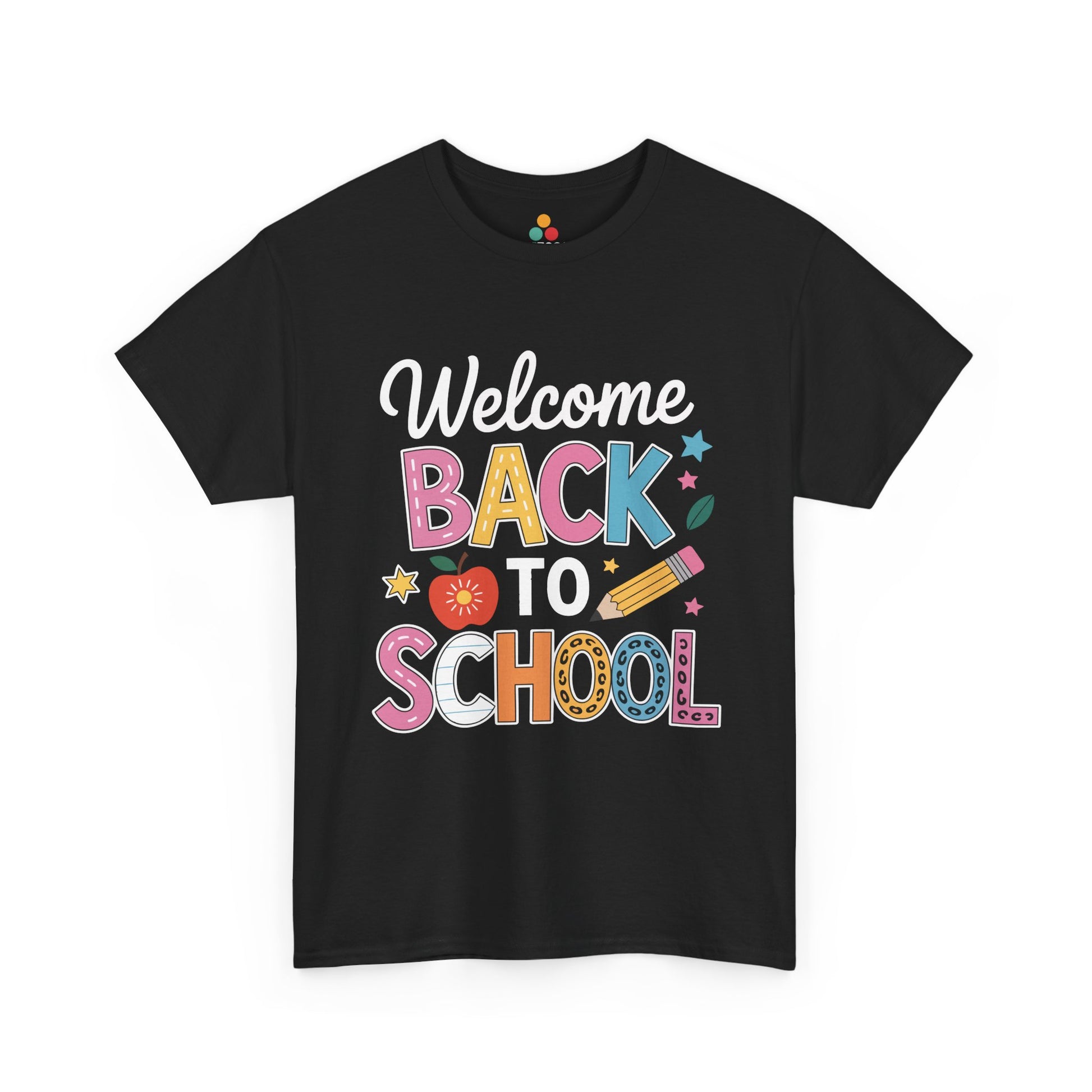 TEEZOCA black “Welcome Back To School” colorful graphic T-shirt shown flat.