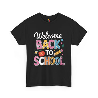 TEEZOCA black “Welcome Back To School” colorful graphic T-shirt shown flat.