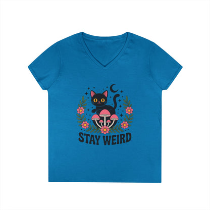Stay Weird Black Cat V-Neck T-Shirt for Women | Playful Gothic Style | TEEZOCA 