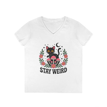 Stay Weird Black Cat V-Neck T-Shirt for Women | Playful Gothic Style | TEEZOCA 