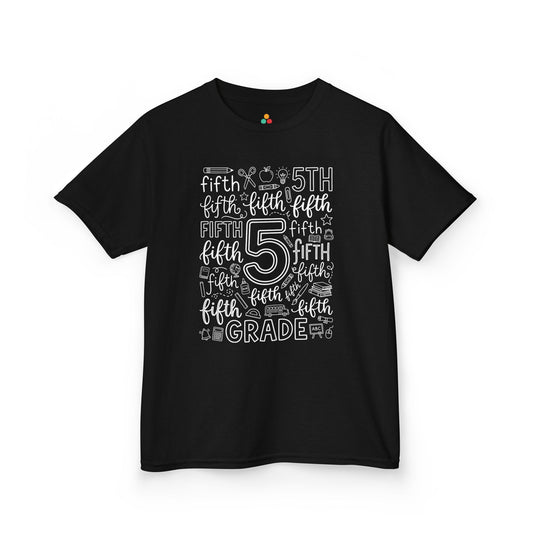 TEEZOCA black fifth grade kids shirt laid flat, bold fifth grade typography with pencil, apple, and ruler doodles, a cute back to school tee.
