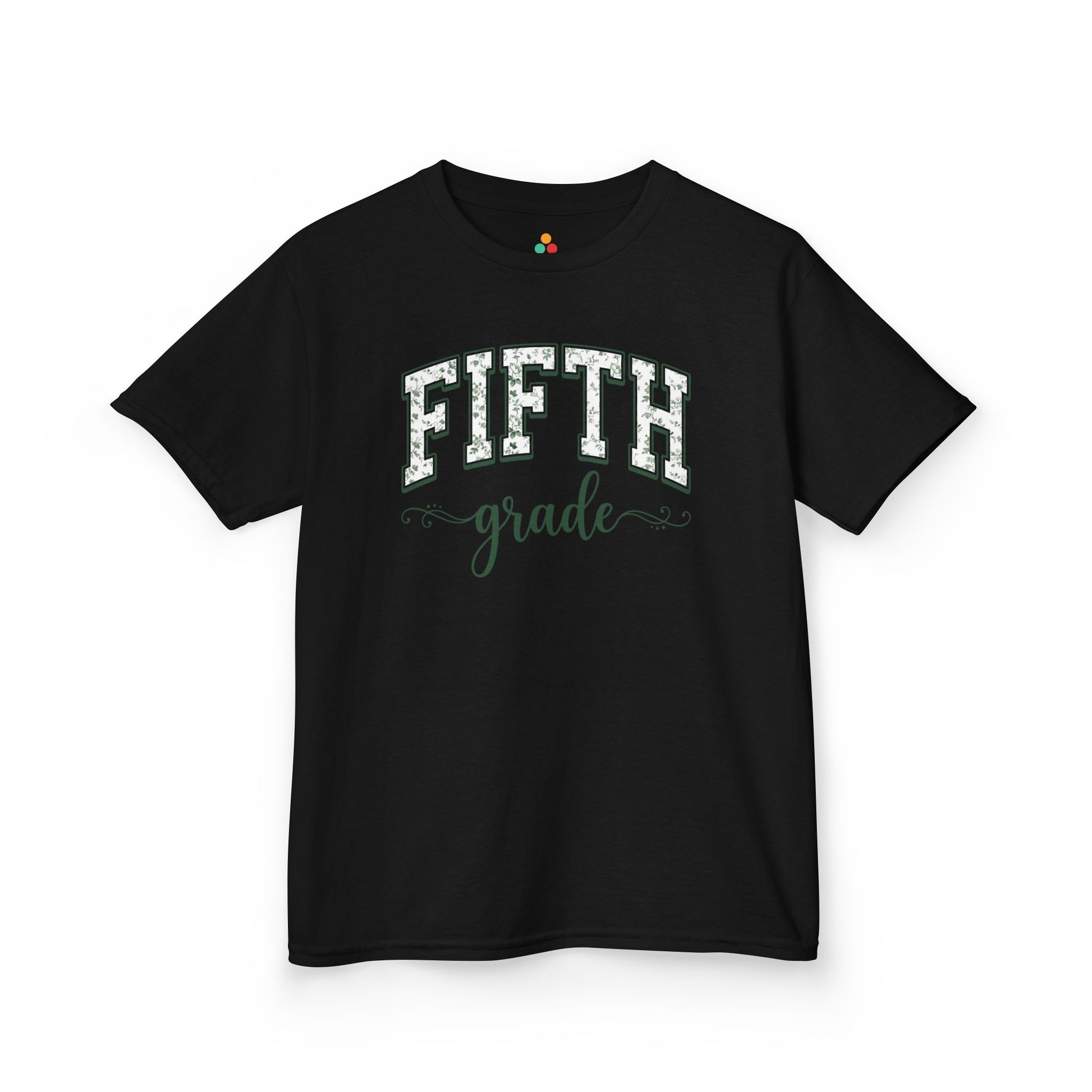TEEZOCA black fifth grade shirt for kids featuring sage floral varsity lettering, made for a child's first-day-of-school photo.

