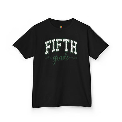 TEEZOCA black fifth grade shirt for kids featuring sage floral varsity lettering, made for a child's first-day-of-school photo.
