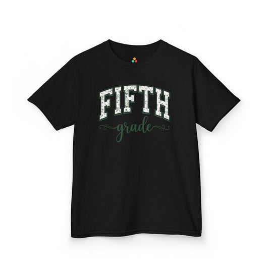 TEEZOCA black fifth grade shirt for kids featuring sage floral varsity lettering, made for a child's first-day-of-school photo.
