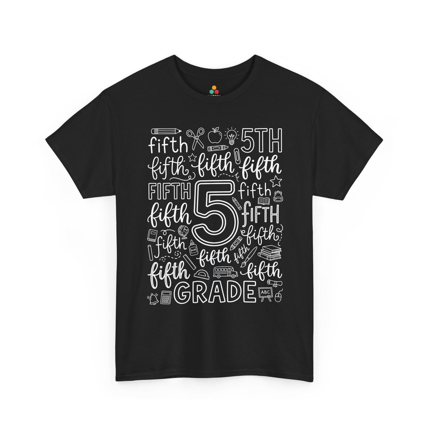 TEEZOCA black fifth grade teacher shirt laid flat, bold typography word art with pencil, apple, and ruler doodles, a cute back to school tee.
