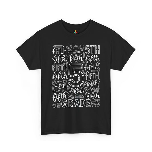TEEZOCA black fifth grade teacher shirt laid flat, bold typography word art with pencil, apple, and ruler doodles, a cute back to school tee.
