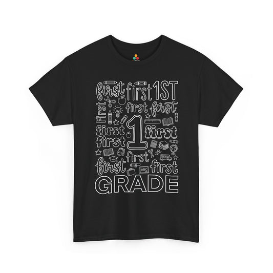 TEEZOCA black first grade teacher shirt laid flat, bold typography word art with pencil, apple, and ruler doodles, a cute back to school tee.
