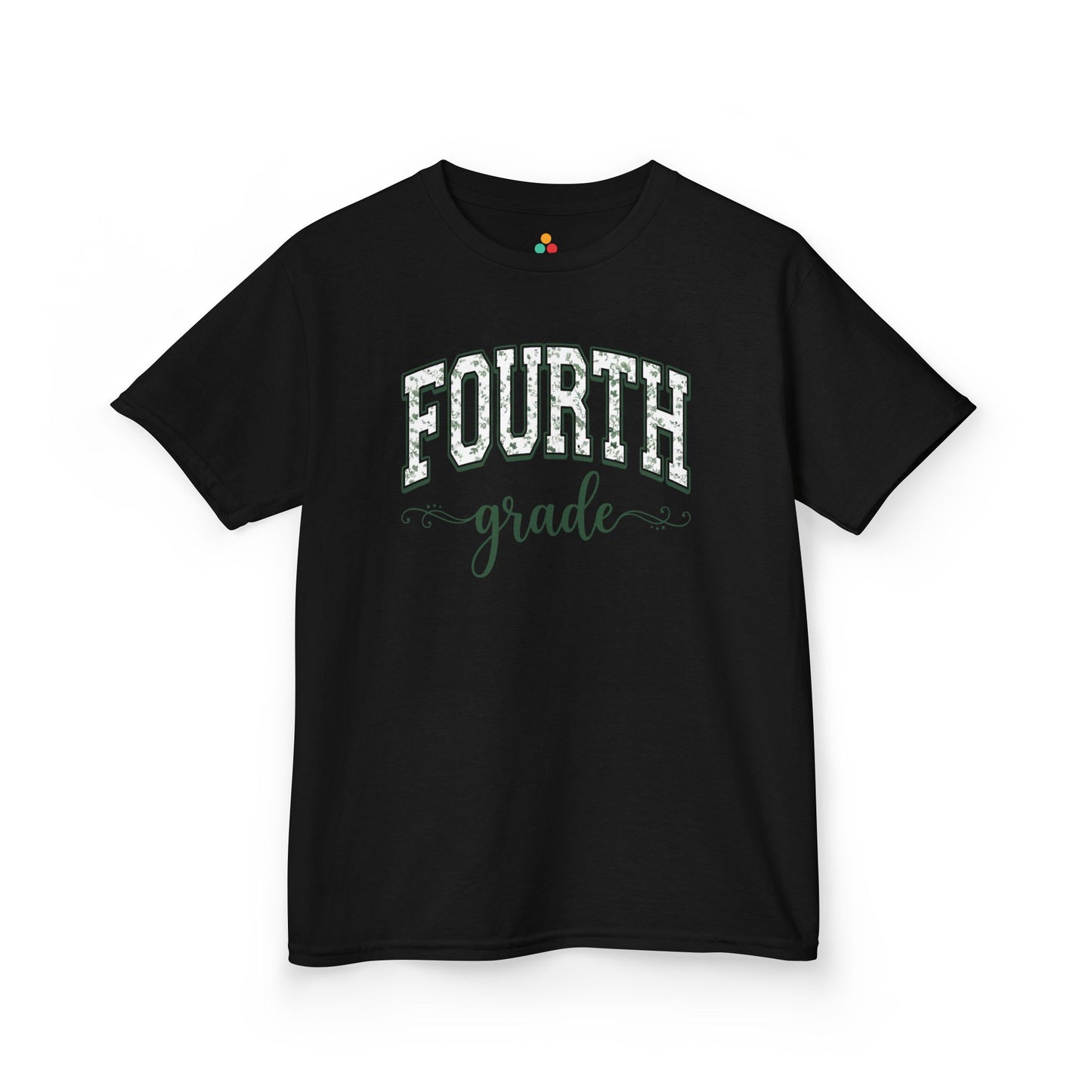 TEEZOCA black fourth grade shirt for kids featuring sage floral varsity lettering, made for a child's first-day-of-school photo.
