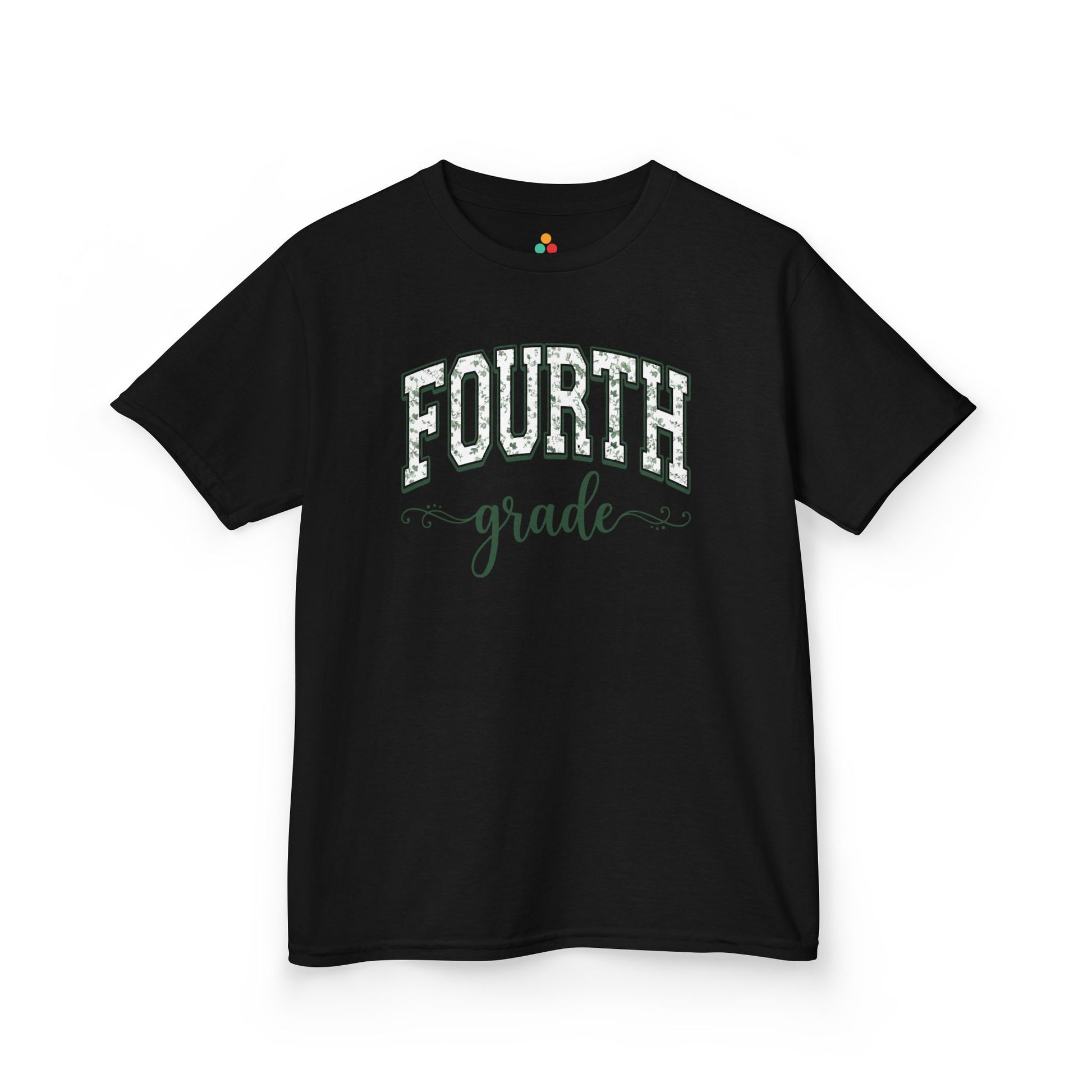 TEEZOCA black fourth grade shirt for kids featuring sage floral varsity lettering, made for a child's first-day-of-school photo.
