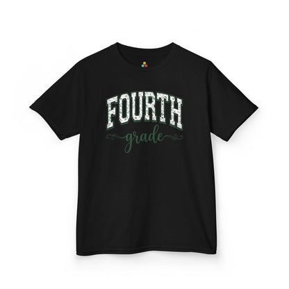 TEEZOCA black fourth grade shirt for kids featuring sage floral varsity lettering, made for a child's first-day-of-school photo.

