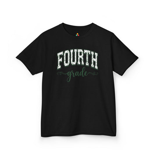 TEEZOCA black fourth grade shirt for kids featuring sage floral varsity lettering, made for a child's first-day-of-school photo.
