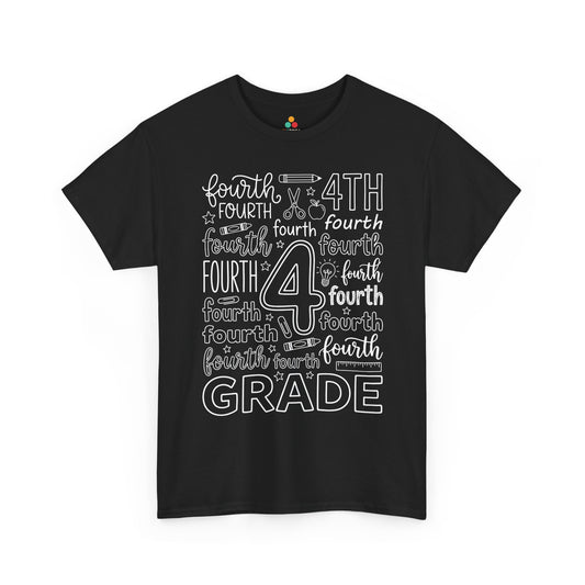 TEEZOCA black fourth grade teacher shirt laid flat, bold typography word art with pencil, apple, and ruler doodles, a cute back to school tee.

