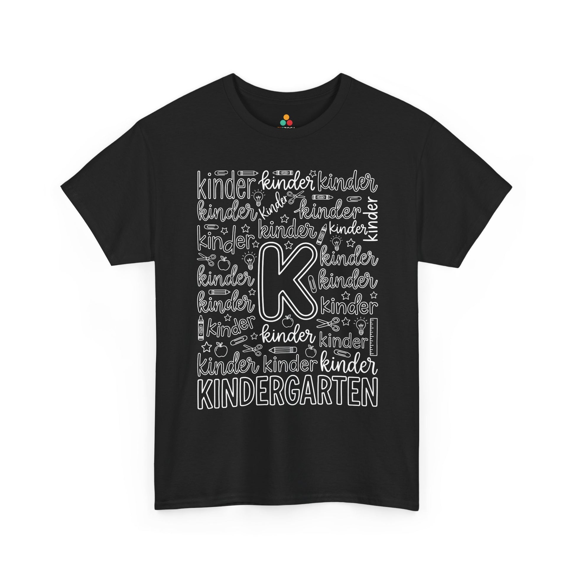 TEEZOCA black kindergarten teacher shirt laid flat, bold typography word art with pencil, apple, and crayon doodles, a cute back to school tee.
