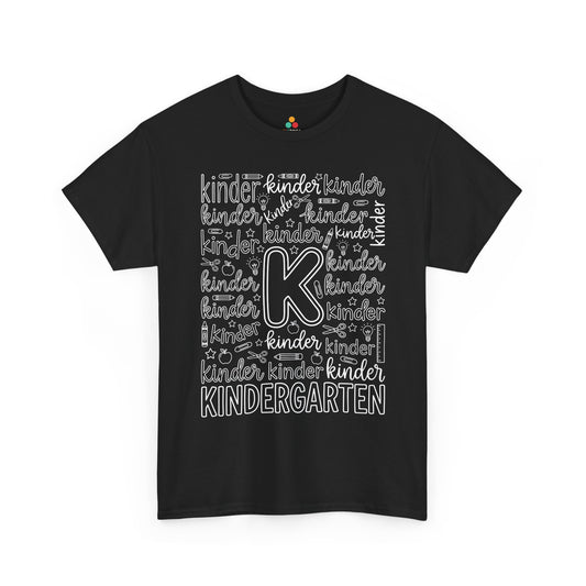 TEEZOCA black kindergarten teacher shirt laid flat, bold typography word art with pencil, apple, and crayon doodles, a cute back to school tee.
