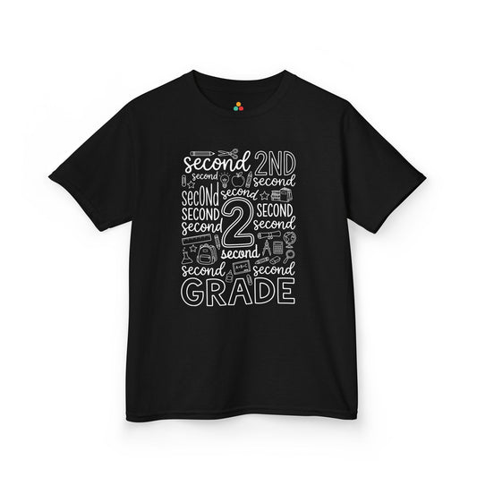 TEEZOCA black second grade kids shirt laid flat, bold second grade typography with pencil, apple, and ruler doodles, a cute back to school tee.
