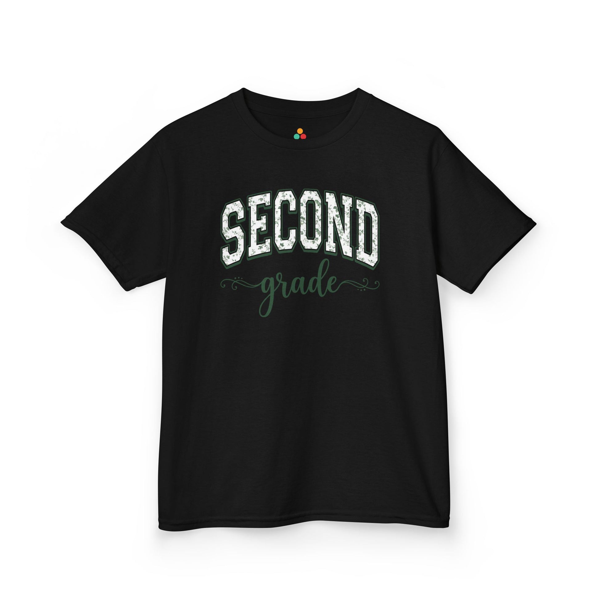 TEEZOCA black second grade shirt for kids featuring sage floral varsity lettering, made for a child's first-day-of-school photo.
