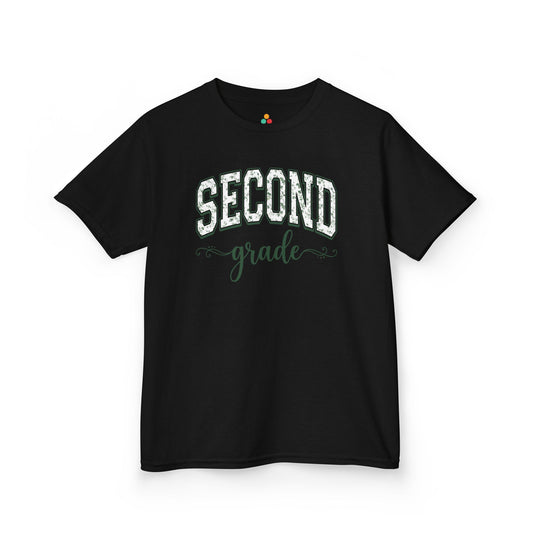 TEEZOCA black second grade shirt for kids featuring sage floral varsity lettering, made for a child's first-day-of-school photo.
