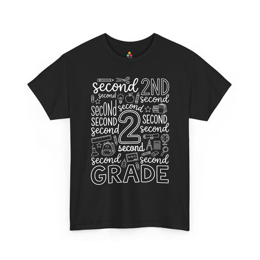 TEEZOCA black second grade teacher shirt laid flat, bold typography word art with pencil, apple, and ruler doodles, a cute back to school tee.
