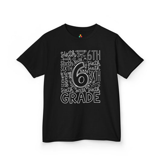 TEEZOCA black sixth grade kids shirt laid flat, bold sixth grade typography with pencil, apple, and ruler doodles, a cute back to school tee.
