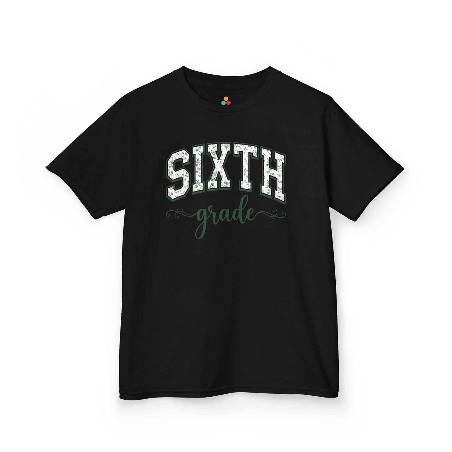 TEEZOCA black sixth grade shirt for kids featuring sage floral varsity lettering, made for a child's first-day-of-school photo.
