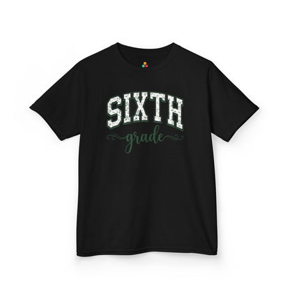 TEEZOCA black sixth grade shirt for kids featuring sage floral varsity lettering, made for a child's first-day-of-school photo.
