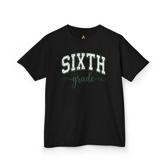 TEEZOCA black sixth grade shirt for kids featuring sage floral varsity lettering, made for a child's first-day-of-school photo.
