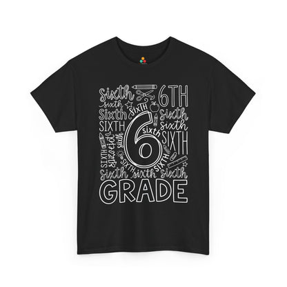 TEEZOCA black sixth grade teacher shirt laid flat, bold typography word art with pencil, apple, and ruler doodles, a cute back to school tee.
