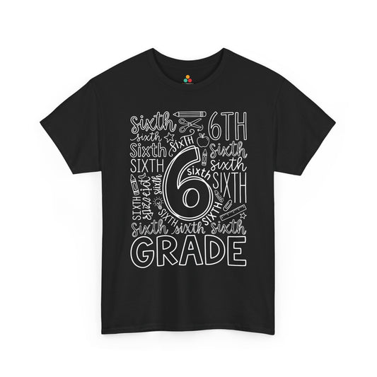 TEEZOCA black sixth grade teacher shirt laid flat, bold typography word art with pencil, apple, and ruler doodles, a cute back to school tee.
