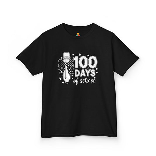 TEEZOCA black t‑shirt with a colorful rainbow pencil, bow, stars, and “100 Days of School” design shown flat.